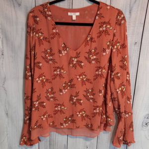 Lauren Conrad | Coral Pink Floral Boho Bell Sleeve Blouse with Lace Back